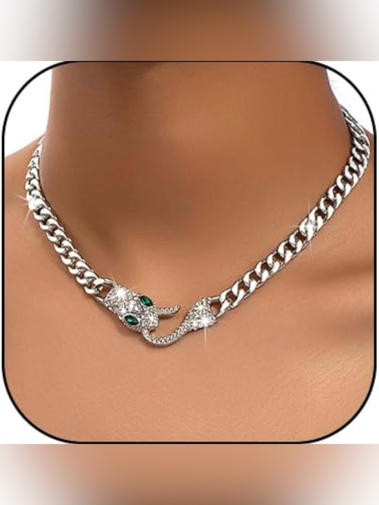 Jewelry - Silver-Tone Chain Snake/Serpent Necklace with Crystal Details and Green Eyes